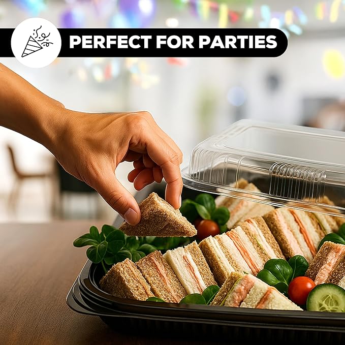 10 Pack Catering Trays with Lids – 15" Serving Tray with Lid, Heavy Duty Recyclable Plastic Party Platters for Catering, Buffet, Picnics & Events – Food Tray with Clear Lid (15.35 × 11.42 × 2.95 inch)