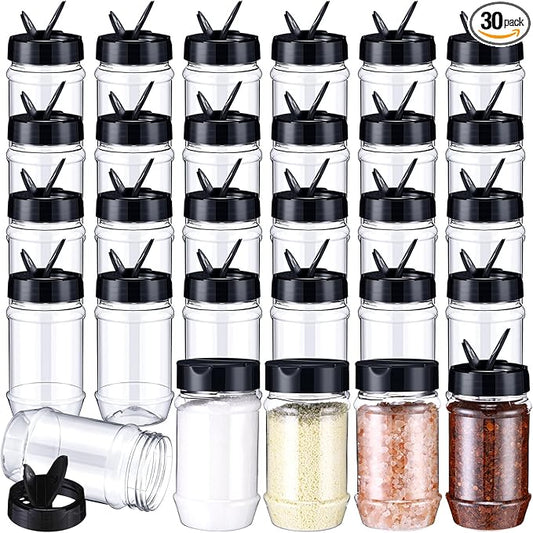 Mimorou 30 Pack Plastic Spice Jars with Shaker Lids Clear Seasoning Containers Spice Bottles for Kitchen Storing Spice Herbs Seasoning Powders (Oval Shape,12.2 oz)