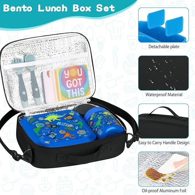 wiwens Bento Lunch Box for Kids with 12oz Soup Thermo Leak-Proof Lunch Food Container with 5 Compartment Thermo Hot Food Jar and Insulated Lunch Bag for Kid Toddler Girls Boys to School
