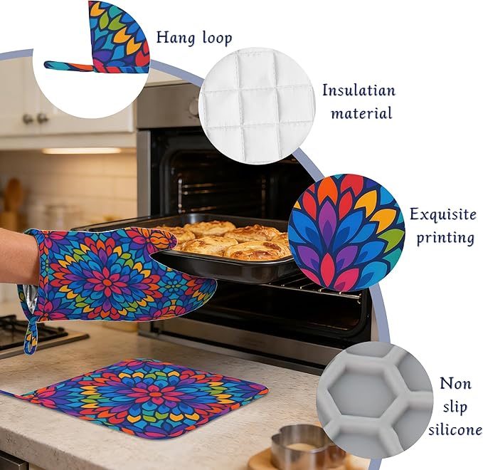 Boho Mandala Floral Potholders & Oven Mitts Sets Colourful Abstract Silicone Heat Resistant Oven Mits and Hot Pads Non-Slip Pot Holders Gloves for Kitchen Chef Cooking Baking Grilling BBQ