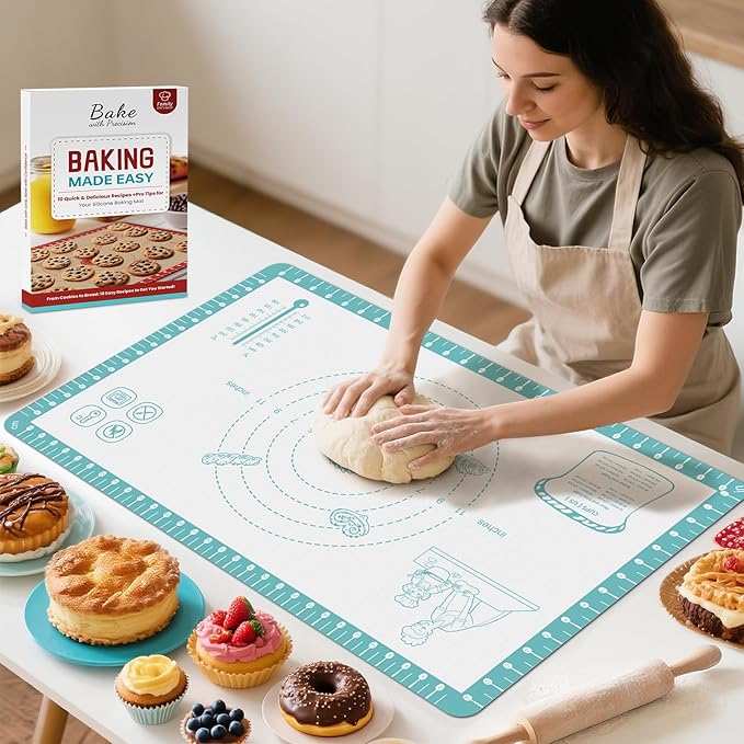 Non Stick Silicone Pastry Mat with 10 Quick Recipes，Silicone Mat for Dough Rolling Baking Sheet for Cookies, Pizza,Bread, Surdough,Fondant Mat for Kitchen Counter, Extra Large and Oven Safe