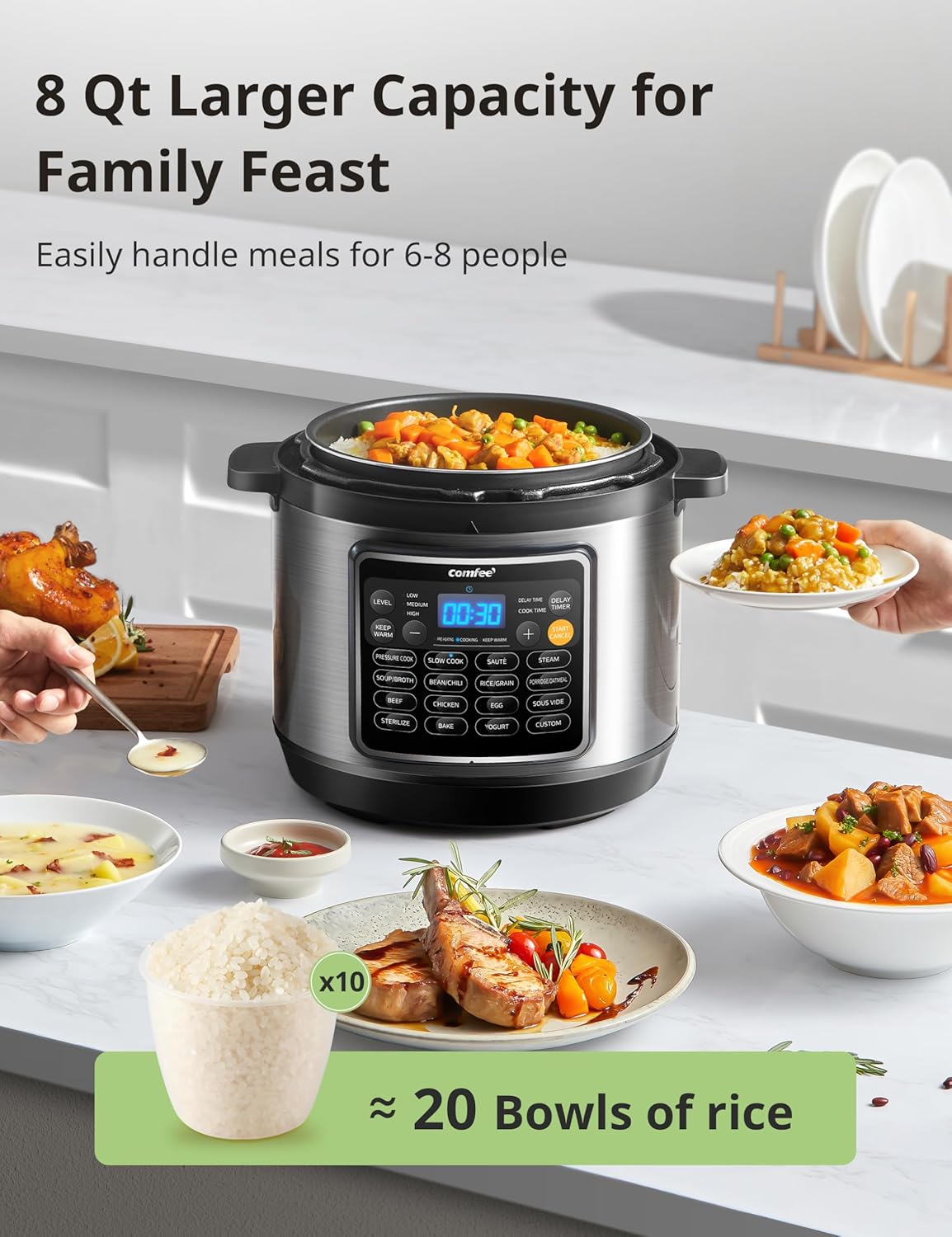 COMFEE’ 16 in 1 Electric Pressure Cooker Instant Multi Cooker Olla de Presion Non-Stick Pot Yogurt Maker Rice Cooker Sauté Steamer 8 Quarts Stainless Steel
