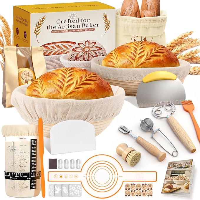 Complete Sourdough Starter Kit | Easy to Clean & Use for Beginners & Bakers | Natural Rattan Proofing Basket with Full Accessories | Sourdough Bread Baking Supplies for Bakers Women Wife