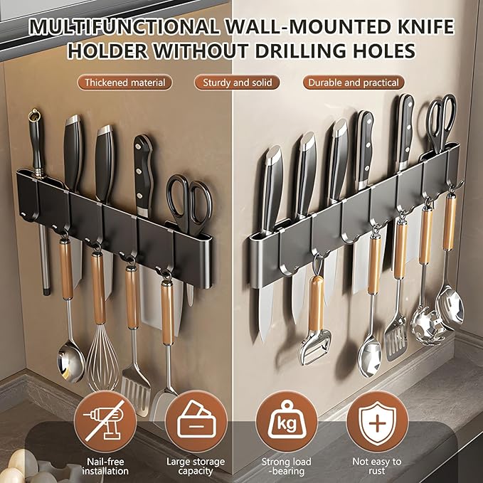 Kitchen Utensil Hanger: Wall Mount Holder Hanging Rack,7 Hooks Utensil Racks,No Drilling for Kitchen,Pantry,Bathroom,Livingroom 15.75 Inch (Black)
