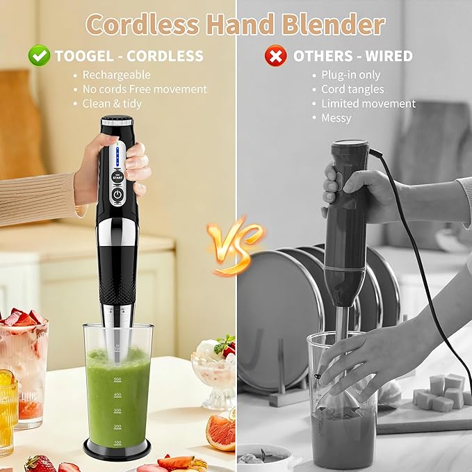 Toogel Cordless Immersion Blender, 4-in-1 Electric Hand Blender with 21-Speed & 3-Angle Adjust, USB Rechargeable, BPA-Free & Dishwasher Safe for Baby Food, Smoothies, Soup (Black)