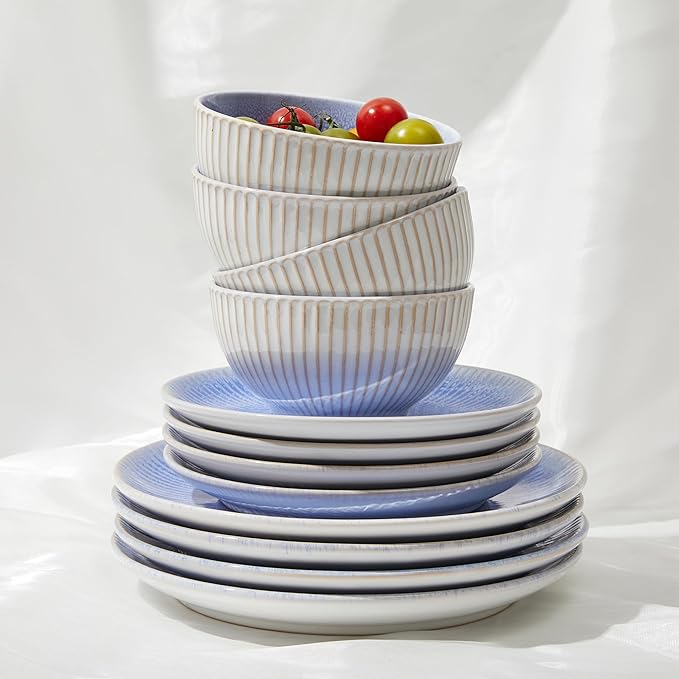 Pokini Ceramic Dinnerware Sets, Handmade Reactive Glaze Plates and Bowls Sets, Highly Chip and Crack Resistant Dish Set, Distinctive Granulated Surface Dishwasher & Microwave Safe Service for 4