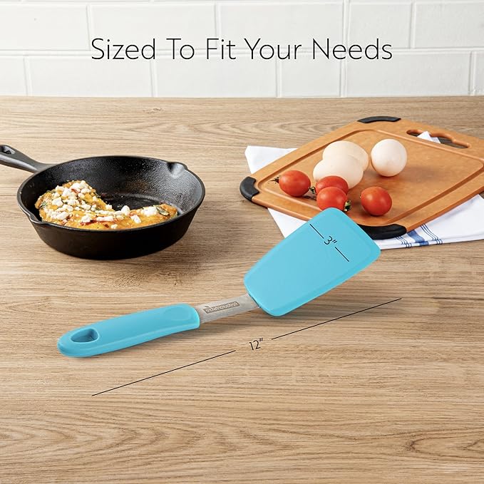 Comfy Grip 12 x 3 Inch Silicone Turner,1 Durable Cooking Turner - Stainless Steel Body,Rubber Handle With Hole, Turquoise Silicone Flipper Spatula, Tolerates Up To 446F,Dishwashable -Restaurantware
