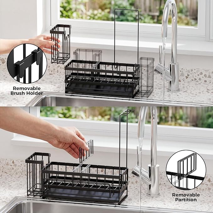 Sponge Holder for Kitchen Sink – Rustproof Stainless Steel with Detachable Drainboard, Brush Rack & Towel Bar | Compact, Non-Slip Design for Countertop Bathroom
