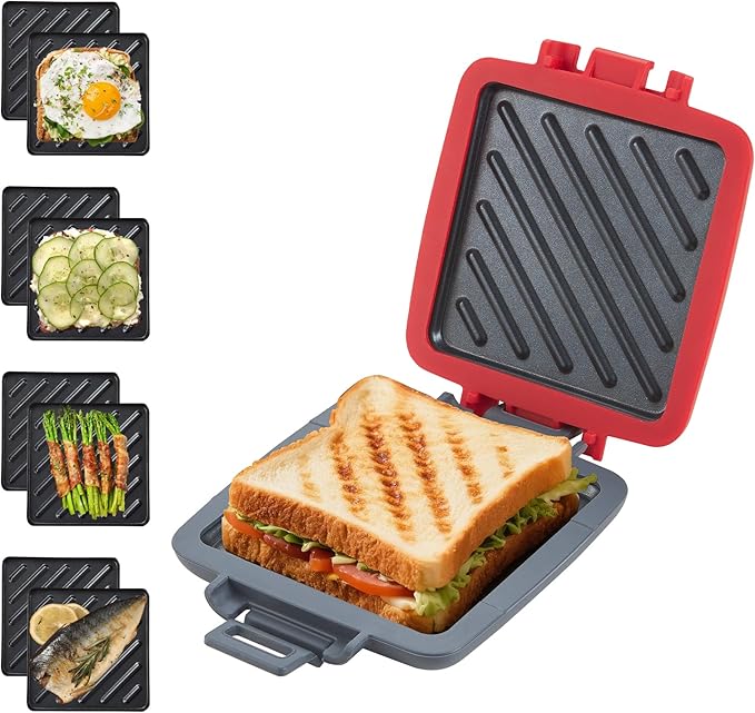 Microwave Toastie Sandwich Maker, Snack Maker & Panini Press, Removable Non-Stick Plates, Silicone Microwavable Cookware, Heatwave Technology for house cooking&baking, Red
