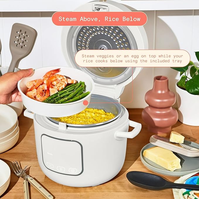 14 Cup Electric Rice Cooker, Programmable Grain Cooker with Automatic Keep Warm, Touch Display, Ceramic Nonstick Inner Pot and Steam Tray (White Icing)