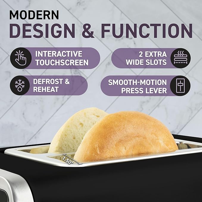 Inspirex Touch Screen Toaster - 2 Extra Wide Slots - 5 Bread Types and 6 Browning Levels - Defrost, Reheat, Favorite, & Single Slot Modes - For Toast, Bagels, & Waffles – Black