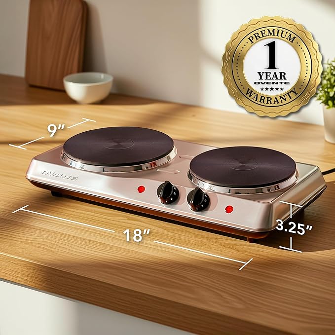 OVENTE Electric Countertop Double Burner, 1700W Cooktop with 7.25" and 6.10" Cast Iron Hot Plates, Temperature Control, Portable Cooking Stove and Easy to Clean Stainless Steel Base, Silver BGS102S