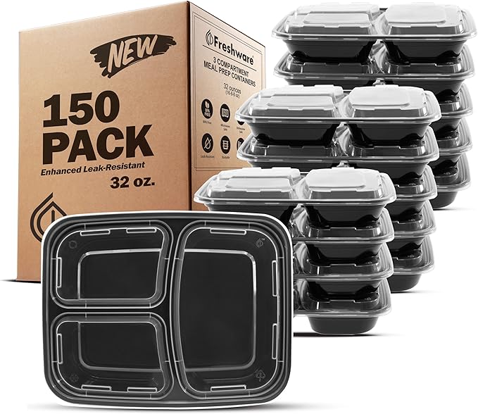 Freshware Meal Prep Containers [150 Pack] 3 Compartment Food Containers with Lids, Bento Box, Stackable, Microwave/Dishwasher Safe (32 oz)