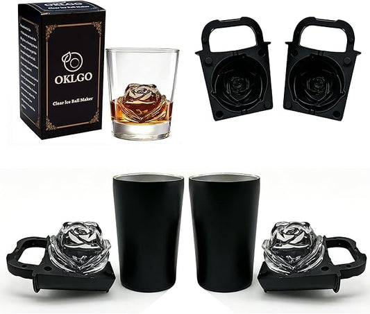 Clear Ice Cube Maker Tray – 2.3 Inch Large Rose Ice Ball Mold, Stainless Steel & Silicone, Slow Melting Crystal Ice for Whiskey, Cocktails, and Home Bar Use