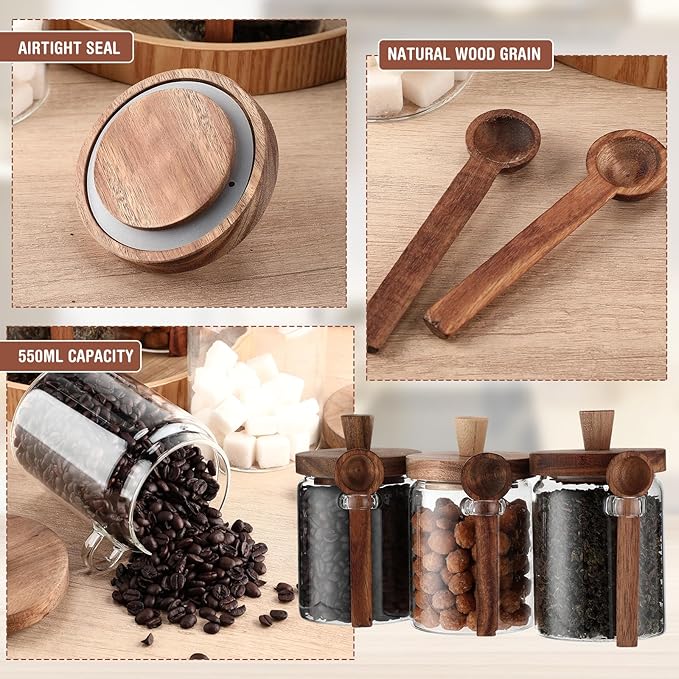 Remerry Set of 4 Glass Jar with Wooden Lid and Spoon, Clear Airtight Spice Canisters Glass Food Storage Kitchen Containers Set for Coffee Bean Tea Sugar (20 oz)
