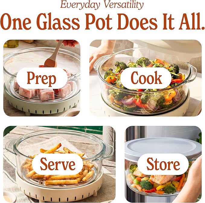 MAGNIFIQUE Glass Air Fryer, Non Toxic Air Fryer with 4.5QT & 2.5QT Glass Pots, Borosilicate, Stainless Steel, Air Fry, Bake, Re-Crisp & MaxCrisp, Oatmeal