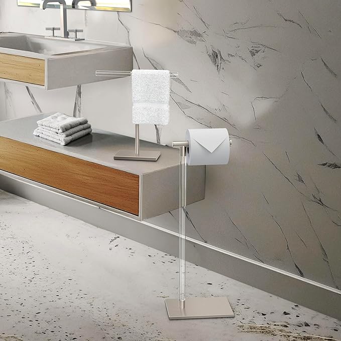 Gatco 1344SN, Modern Rectangle Base Freestanding Countertop Towel Holder, Satin Nickel/Acrylic / 10.50" W x 11.13" H T-Shape Style Countertop Hand Towel Holder for Bathroom, Kitchen Towel Rack