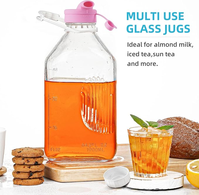 2 Pack 1/2 Gallon Glass Milk Bottles with Airtight Screw Lid & Handle & 2 Spouts - Heavy Duty Glass Water Bottles - Breastmilk Jug Pitcher with Scale Lines, Milk Container for Refrigerator Storage