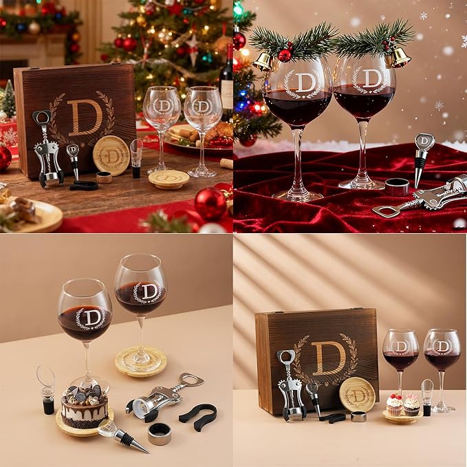 GZLDGIFTS Personalized Initial Wine Glasses Box Gift Set For Women Mom Engraved Birthday Monogrammed Wooden Christmas Gifts Wedding Anniversary Wine Couples Stopper Opener Initial Letterr (C Set)