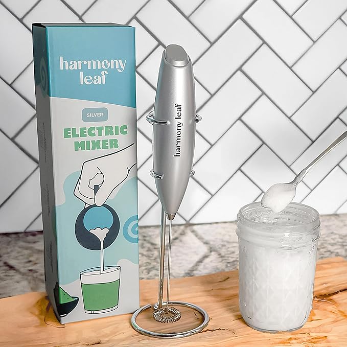 Harmony Leaf Handheld Milk Frother, Stainless Steel Electric Drink Mixer with Stand, Battery Operated Coffee Frother for Lattes, Matcha, Hot Chocolate and More, Silver
