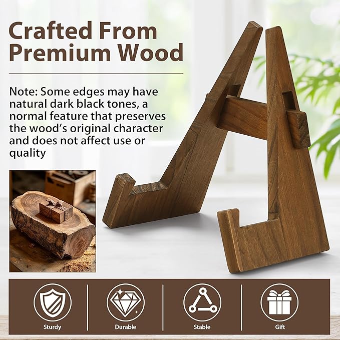 Wooden Plate Stand, 9 Inch Decorative Ornament Display Stand, Plate Holders for Displaying, Picture Frame Holder Stand, Cookbook Stand for Recipe Books, Photos & Collectibles