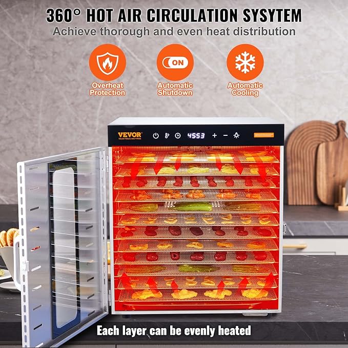 VEVOR Food Dehydrator, 10 Trays Stainless Steel Food Dehydrator Machine, 1000W Dehydrators with Digital Adjustable Timer & Temp, Dehydrator for Jerky Herb Meat Beef Fruit Dog Treats and Vegetables