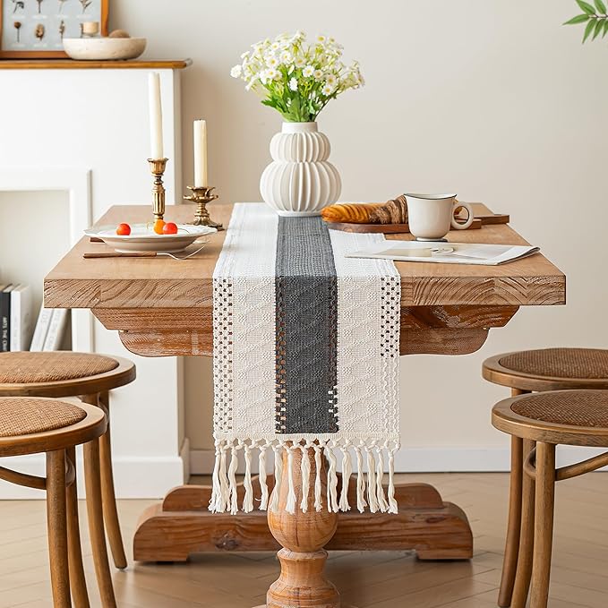 FEXIA Boho Table Runner for Home Decor with Tassels 60 Inches Long,Grey Farmhouse Rustic Table Runner Macrame Burlap Table Decoration for Living Room Bridal Shower(12x60 Inches)