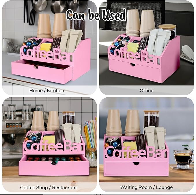 Coffee Bar Organizer for Countertop – Wooden Coffee Station, Tea and K Cup, Condiment Storage Rack, Coffee Pod Holder for Home and Office Counter Organization (Drawer - Pink)