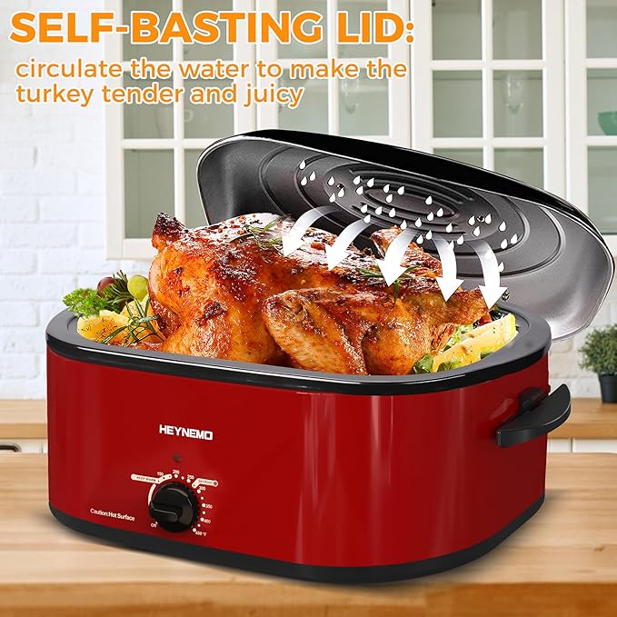 20 Quart Roaster Oven，Electric Turkey Roaster Oven with Defrost & Warm Function, Adjustable Temperature, Removable Pan & Rack, Stainless Steel, Red