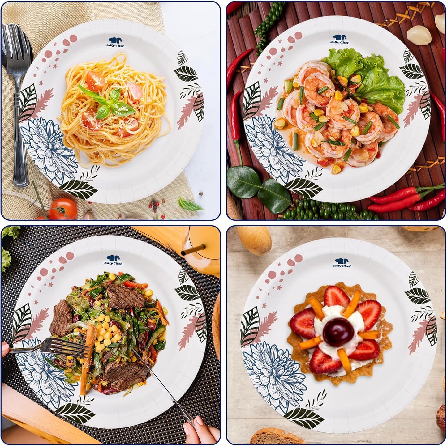 JOLLY CHEF 𝟭𝟰𝟬 𝗖𝗼𝘂𝗻𝘁 𝗣𝗮𝗽𝗲𝗿 𝗣𝗹𝗮𝘁𝗲𝘀 𝟭𝟬 𝗶𝗻𝗰𝗵 Soak Proof, Cut Proof, Heavy Duty Flower Printed Disposable Paper Plates for Everyday Use