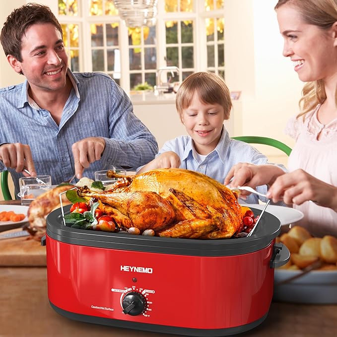 18Qt Roaster Oven Buffet with Self-Basting Lid, 1450W Stainless Steel Electric Turkey Roaster Oven with Cool-Touch Handles, Removable Pan and Rack, Red