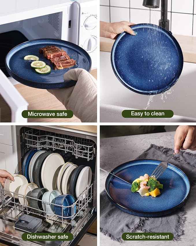 Famiware Star Dinnerware Set with Pasta Bowls, Service for 6 (24 Pieces), Ribbed Stoneware Plates and Double Bowls Sets - Chip & Scratch Resistant, Microwave & Dishwasher Safe Dishes, Nebulas Blue