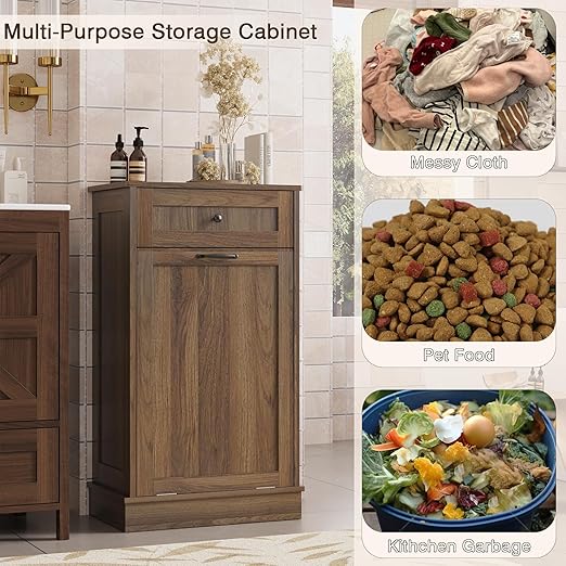 KIGOTY Tilt Out Trash Can Cabinet Trash Bin Cabinet with Hideaway Drawer Hidden Wooden Kitchen Garbage Can, Pet Proof Trash Can Holder for Kitchen (Brown)