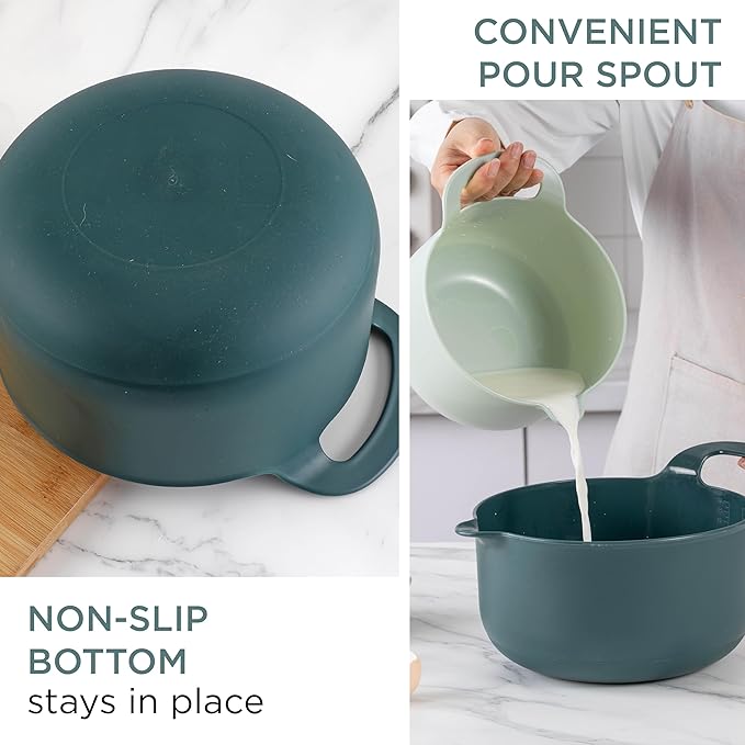COOK WITH COLOR Nesting Plastic Mixing Bowl Set with Pour Spouts and Handles, Green, 4 Piece Non-Slip