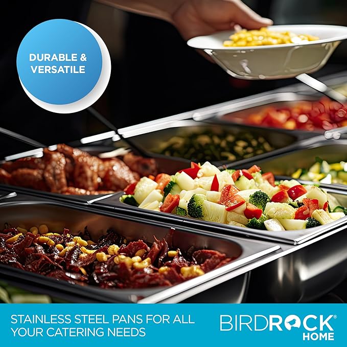 BIRDROCK HOME Stainless Steel Steam Table Pan Lids - Restaurant and Catering Supplies - 24 Gauge Steel - Perfect for Meal Prep, Cooking, and Food Storage Container - 6 Pack, Fits 1/2-Size Hotel Pans