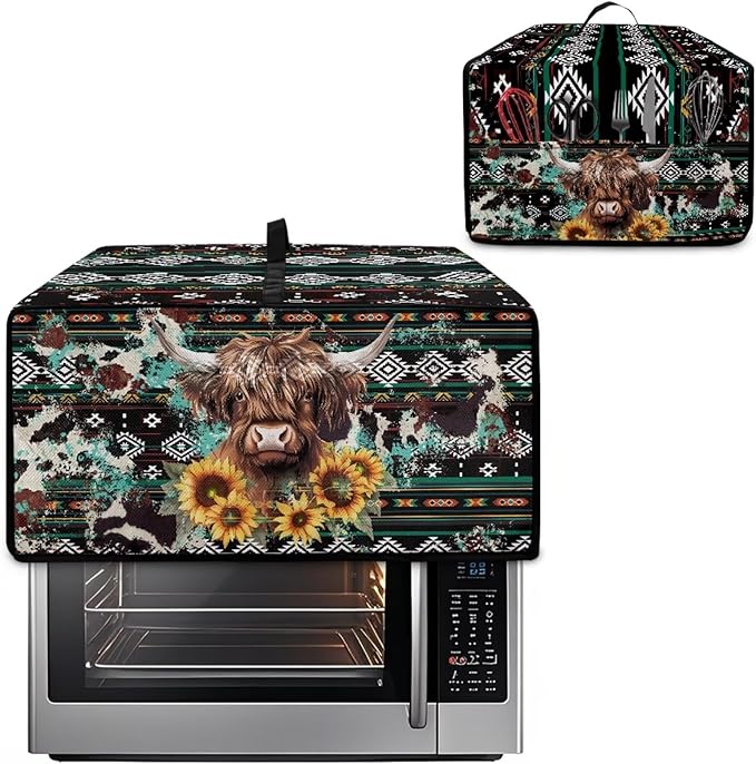 Toaster Oven Dust Cover Washable Fabric Convection Oven Cover Protector Compatible with Various Small Kitchen Appliances, L, Aztec Highland Cow Sunflower