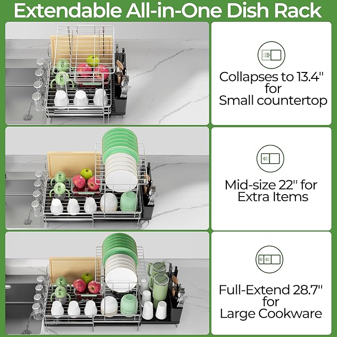 Large 2 Tier Dish Drying Rack, Extendable Dish Rack, Stainless Steel Anti-Rust Dish Rack for Kitchen Counter, Multifunctional Dish Drainer with Utensil & Cup Holder, 13.4"-28.7" L x 11.8" W