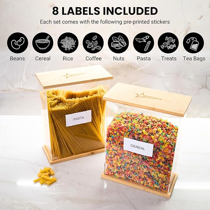 Bamboo Food Dispenser 2 Pack (Large) | Airtight Cereal & Snack Storage Containers | Acrylic Kitchen Organizer for Pantry | Rice, Flour, Candy, Coffee, Pasta, Dry Food Storage