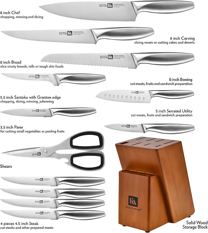 Klaus Meyer 13-Piece Kitchen Knife Set With Block, High Carbon Stainless Steel and Non-Slip Handles. Rust Proof And Dishwasher Safe Cutlery