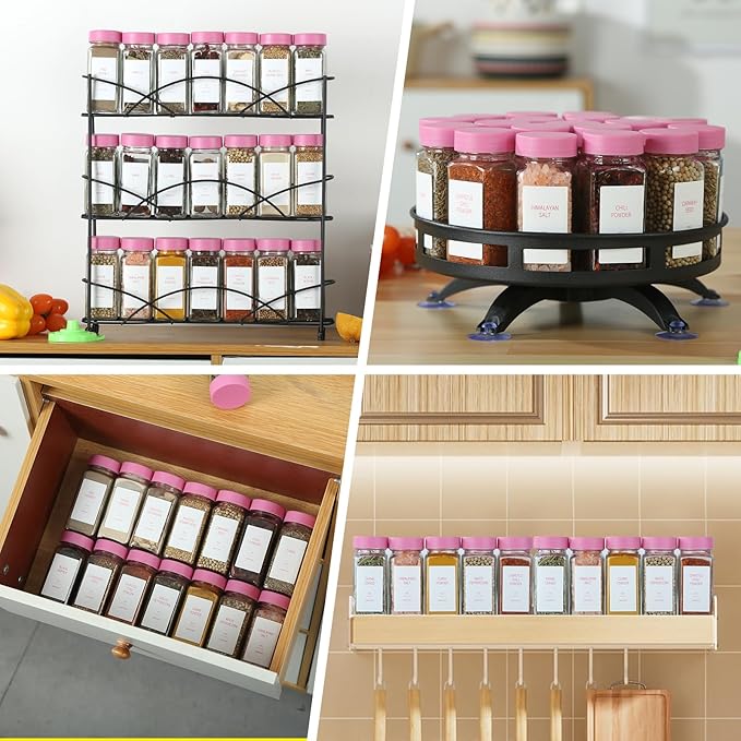 Pink Spice Jars with Label，4oz Seasoning Containers, Glass Spice Bottles with Shaker Lids,Funnel, Chalk Pen(Pink, 36)