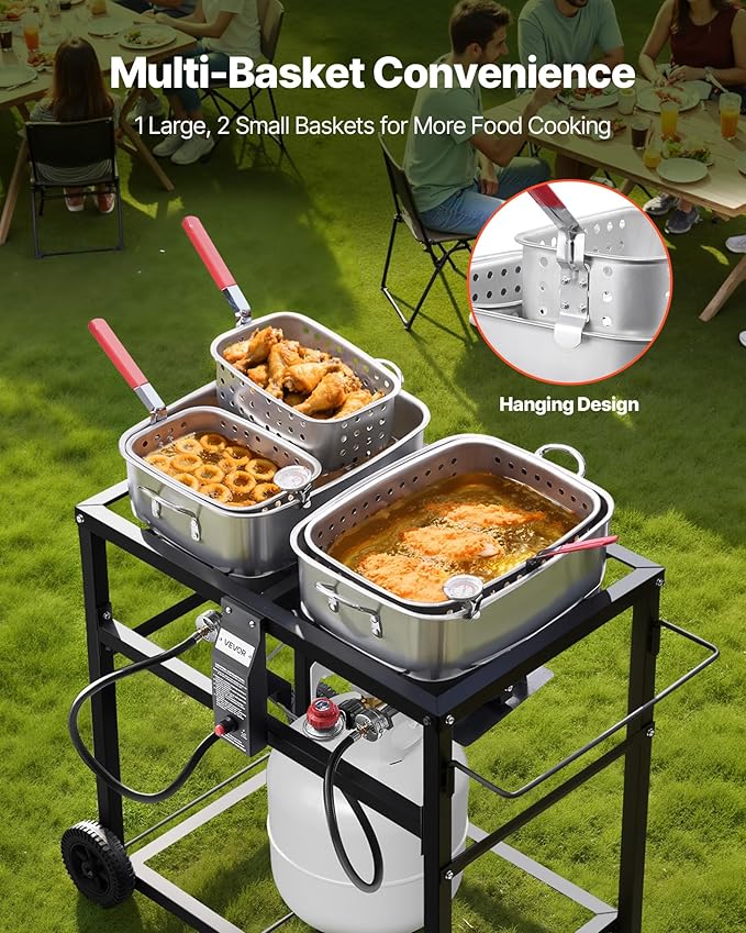 VEVOR Outdoor Propane Deep Fryer, Dual-Tank 18QTx2 Commercial Fryer, Multi-Purpose Portable Frying Cart with Wheel, 3 Basket, 2 Thermometer, Stainless Steel Cooker for Fish Fry Wings Fries, 40,000 BTU