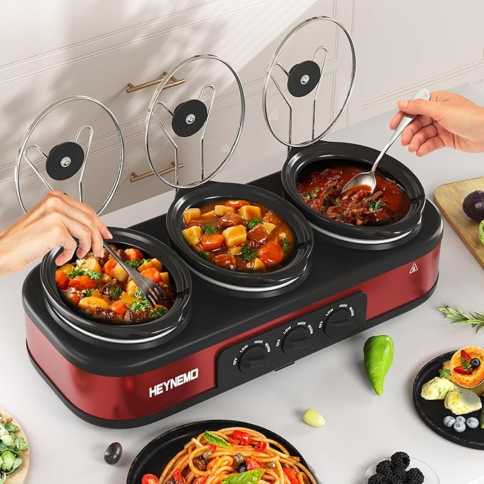 Triple Slow Cooker, 3 x 1.5 QT Portable Small Dual Crock Cooker, Buffet Servers and Warmers Dishwasher Safe, Removable Ceramic Pot Glass Lid, Stainless Steel, Red
