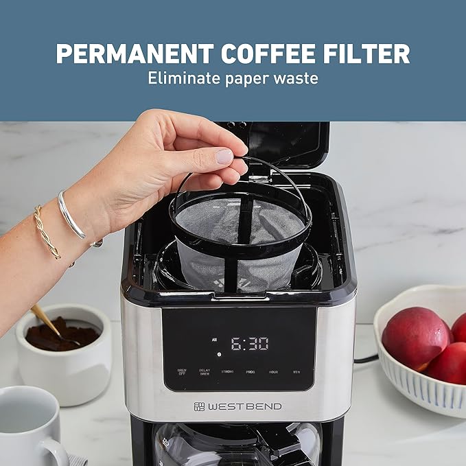 West Bend Drip Coffee Maker Brews Hot or Iced, Programmable with Brew Strength Selector Auto Shut-Off and 6 Functions Permanent Mesh Filter and Glass Carafe, 12-Cup, Metallic