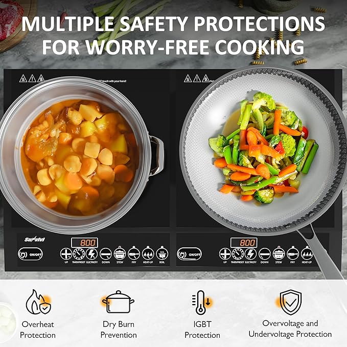 Sunvivi Portable Induction Cooktop: 2 Burners in 1, Commercial-Grade Electric Countertop Stove with LED Touchscreen, 8 Power Levels & Precise Temp Control (176°F-518°F), Independent Timer, Black