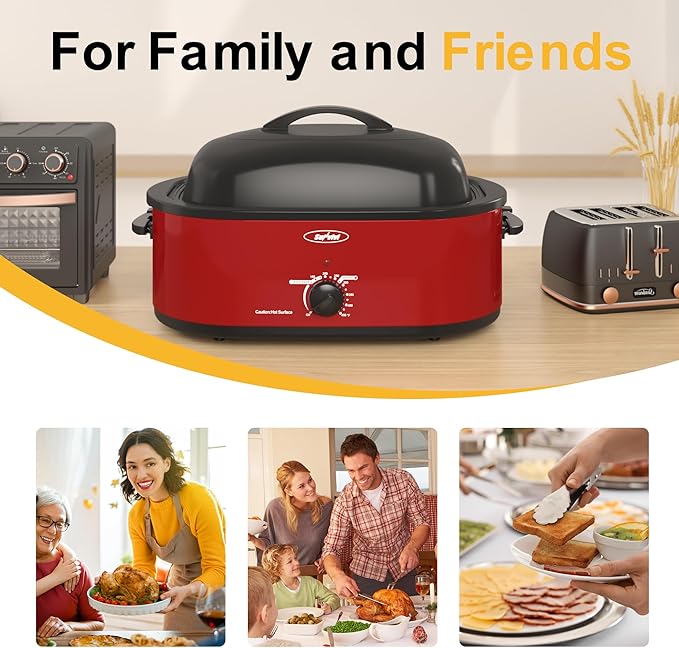 Sunvivi Roaster Oven with Self-Basting Lid,18 Quart Electric Roaster with Removable Pan & Rack,150-450°F Full-Range Temperature Control with Defrost/Warm Function,Stainless Steel,Red