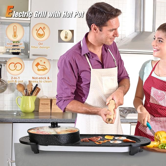 2-in-1 Electric Hot Pot & Korean BBQ Grill, 2200W Smokeless Non-Stick Indoor Combo with Dual Temperature Control, Shabu Shabu Hot Pot w/Large Capacity Tray, 5 Firepower Settings for 2-12 People, 110V