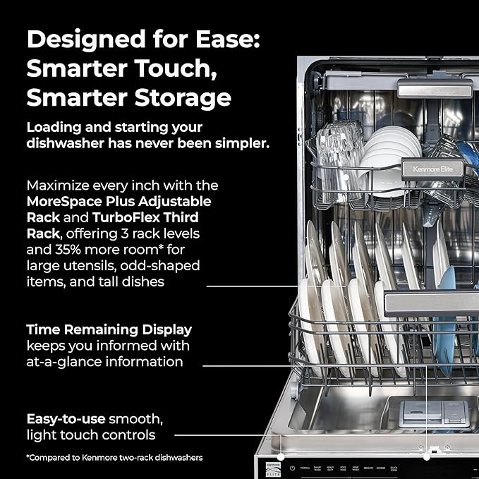 Kenmore Elite 24" Built-In Dishwasher - UltraWash Plus, TurboDry, QuietWash, SmartWash & TurboFlex Third Rack - 15 Place Settings - 42 DBA - ENERGY STAR Certified - Stainless Steel