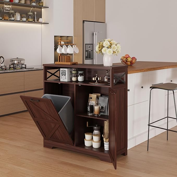 Tilt Out Trash Can Cabinet for 13 * 1 Gallon Trash Can, Farmhouse Kitchen Island Cabinet with Adjustable Shelf for Hidden Laundry Basket, Dog Proof Garbage Can for Dining Living Room, Dark Brown