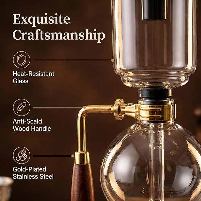 Vacuum Coffee Maker, Manual Siphon Coffee Brewer 3-Cup (360ml) with Alcohol Burner, Adjustable Buffer Clamp, Stainless Steel Bracket Base for Coffee Aficionados