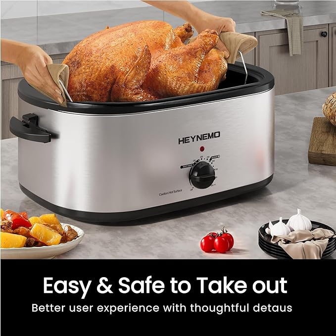 20 Quart Electric Roaster Oven with Self-Basting Lid, Turkey Roaster with Defrost Warm Function, Adjustable Temperature, Removable Pan Rack, Stainless Steel, Silver